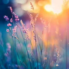 Pastel Flowers And Grass At Sunset