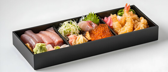 Assorted Japanese Bento Box Meal With Fish, Shrimp, And Tempura