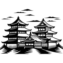 Black and white illustration of asian temples