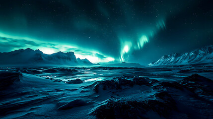 Naklejka premium Dark Icy Landscape Under the Glow of the Northern Lights