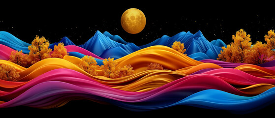 Abstract Colorful Liquid Landscape At Night With Moon
