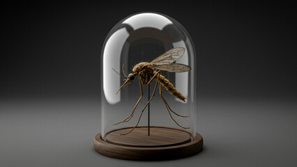 A meticulously detailed 3D model of a mosquito is showcased within a clear glass dome, resting on a wooden base.
