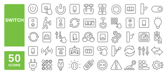 Set of 50 line icons related to switch, on, off, power, push, press, controller, button, electric switch, Editable stroke. Vector illustration