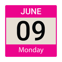 Fototapeta premium 9 June, Monday, Date template, Useful design for calendar or event promotion. Vector illustration EPS 10 file