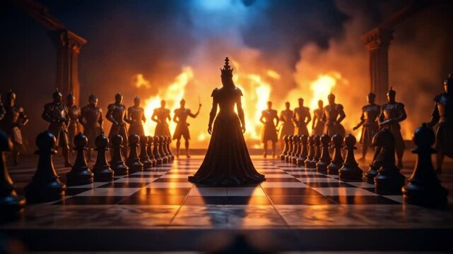 Intense chess game with queen and warriors in fiery battle arena scene