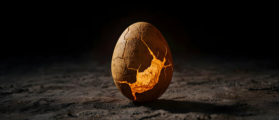 Illuminated Cracked Egg On Dark Surface