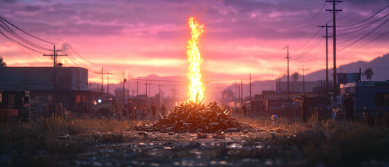 Dramatic Sunset Over Desolate City With Burning Pile