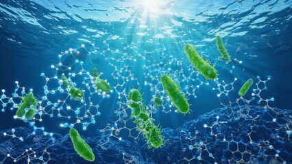 Vibrant microorganisms and molecular structures float in clear water, illuminated by sunlight, showcasing life and chemistry in an aquatic environment.