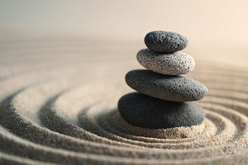 Zen Stone Arrangement on Sand with Raked Patterns