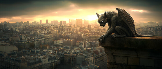 Dark Gargoyle Silhouette City Sunset View