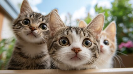 Cute Group of Curious Kittens with Big Eyes and Playful Expressions in Sunny Garden Setting