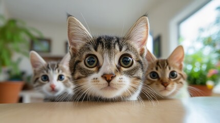 Three Curious Kittens Staring Intently at the Camera in a Bright Indoor Setting