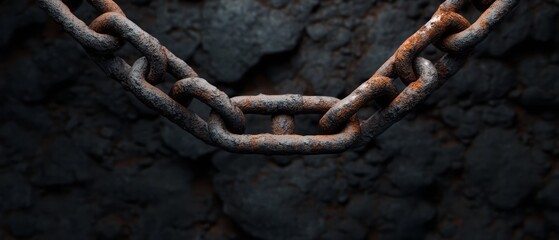 Rusty Chain Link Suspended Against Dark Textured Background in Industrial Setting
