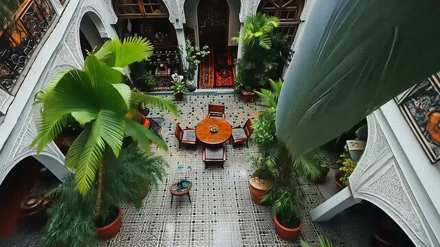 Captivating Riad Interior Design with Lush Greenery and Intricate Arabesque Details