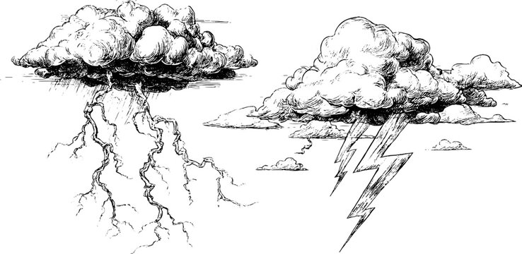 Engraved illustration of rolling thunder and lightning clouds - vintage weather concept