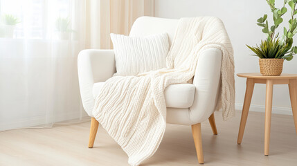 Cozy knitted throw draped over chair with decorative pillow, creating warm atmosphere