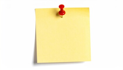 A vibrant yellow sticky note secured with a red pushpin on a clean white backdrop