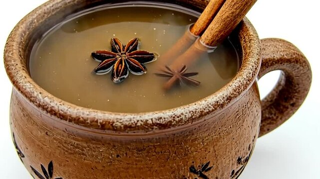 Warm herbal drink in a rustic cup with star anise and cinnamon sticks, evoking comfort and tradition