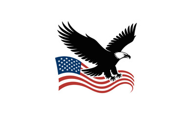Flying Bald Eagle Over Waving American Flag Vector Illustration