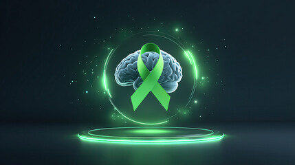 3D-Rendered Brain with Glowing Frontal Lobe Activity and Floating Green Ribbon Halo in Minimal Gradient Space, Cinematic Mental Health Symbolism Celebrating Neurodiversity.
