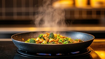 A sizzling stir-fry with broccoli and vegetables cooks in a frying pan on a stove, filling the kitchen with steam.
