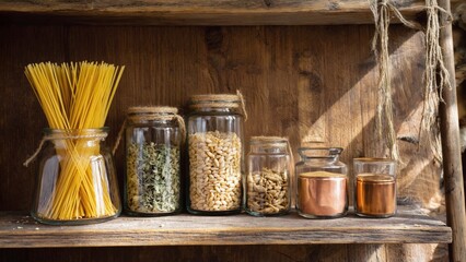 organized shelf with various reusable glass containers filled with dry food items like pasta, herbs, and seeds. The rustic wood background adds a natural charm, perfect for any kitchen decor.