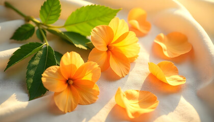 Flat lay of fresh green leaves and colorful flower petals arranged aesthetically on a soft linen fabric background