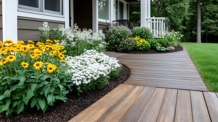 Fototapeta premium Beautiful garden pathway lined with vibrant flowers and lush greenery, creating serene outdoor