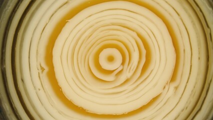 This macro shot showcases a SCOBY floating in a jar, revealing its unique circular layers. A beautiful blend of light and color highlights the fermentation process.