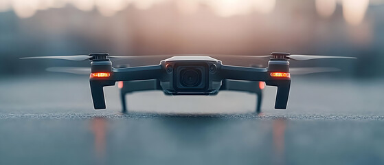 Black Drone Hovering Above Urban Landscape Sunset
