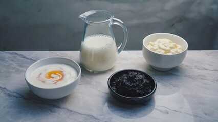 Discover a stunning display of various fermented foods, featuring yogurt, kefir, and miso on a stylish marble table. Ideal for health-conscious culinary projects.