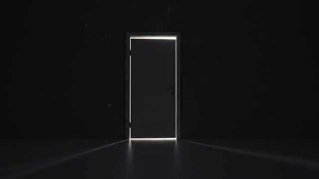 Mysterious door opens into bright light in a dark room animation