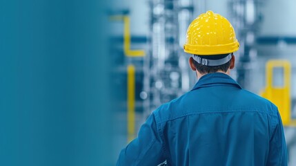 A worker in a yellow hard hat and blue uniform observes industrial machinery in a factory setting.
