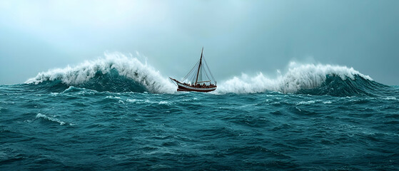 Obraz premium Stormy Ocean With Ship In Rough Waves