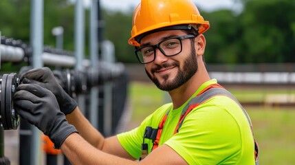 A construction worker in safety gear smiles while working outdoors on industrial pipes.