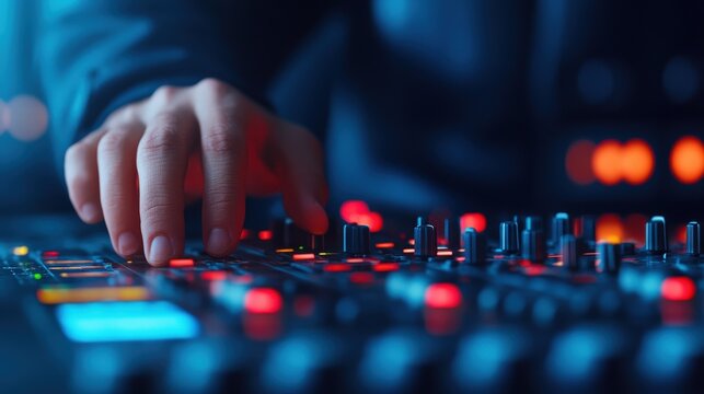 A person adjusting controls on a brightly lit audio mixing console in a dark, vibrant environment.