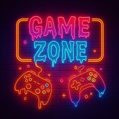 Neon-style illustration with “GAME ZONE” text and game controllers on a dark brick wall. Great for stream layouts, covers, stories, and gaming-related visual content.