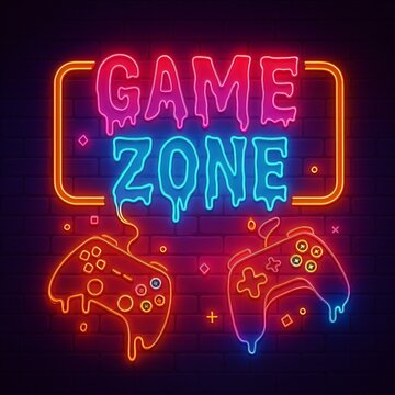 Neon-style illustration with &ldquo;GAME ZONE&rdquo; text and game controllers on a dark brick wall. Great for stream layouts, covers, stories, and gaming-related visual content.