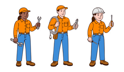 Hand-drawn set of technical workers with tools and safety gear. Two female and one male character in orange uniforms holding pliers, cable, wrench, and screwdriver. Clean line art vector illustration 