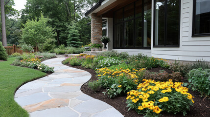 Naklejka premium Cozy cottage garden with stone path and colorful blooms creates serene atmosphere