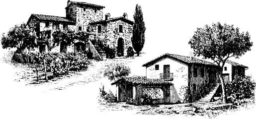 Engraved illustration set of rustic stone farmhouses in vineyard landscape for print design