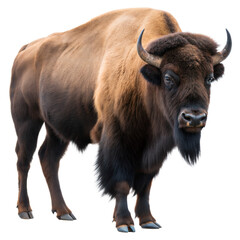 American Bison Portrait: A majestic American bison stands majestically, showcasing its thick, dark brown fur, curved horns, and powerful build against a clean background. 