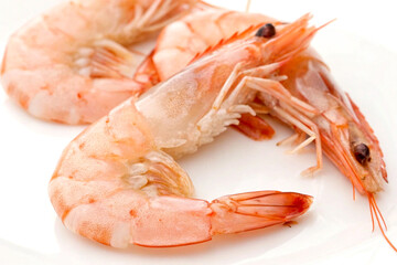 Raw fresh shrimp placed on clean white background