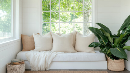 Fototapeta premium Cozy reading corner with soft pillows and lush plant by window, inviting relaxation