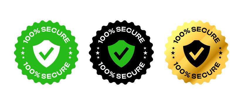 100 percent secure badge with Shield icon and checkmark. For logo, circle, label, seal, symbol, botton, tag, sign, badge, stamp, sticker, emblem, banner. Vector Illustration