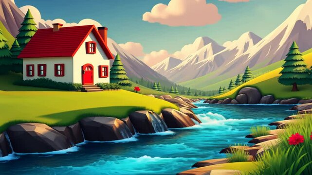 A house is on the side of a river. The house is white and red