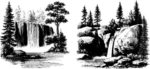 Engraved illustration set of tall waterfalls and forest scenes for nature art design