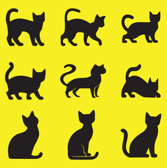Set of cat silhouettes in various poses. isolated vector on yellow background