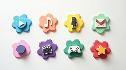 Vibrant 3D rendered digital media and communication icons on playful, organic shapes. Features symbols for video, music, audio, email, film, gaming, and favorites. A clean, colorful collection perfect
