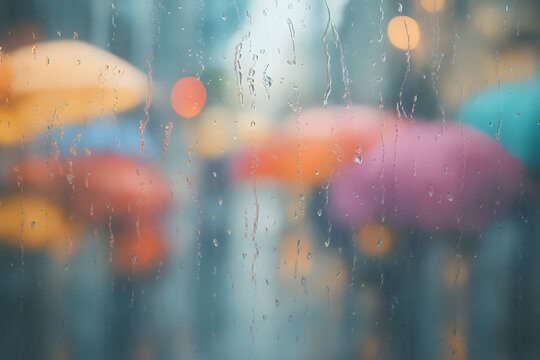 Rainy Day Vibrance:  A colorful array of umbrellas dot a wet street, viewed through a rain-streaked window, creating an impressionistic effect that captures the mood of a rainy day.